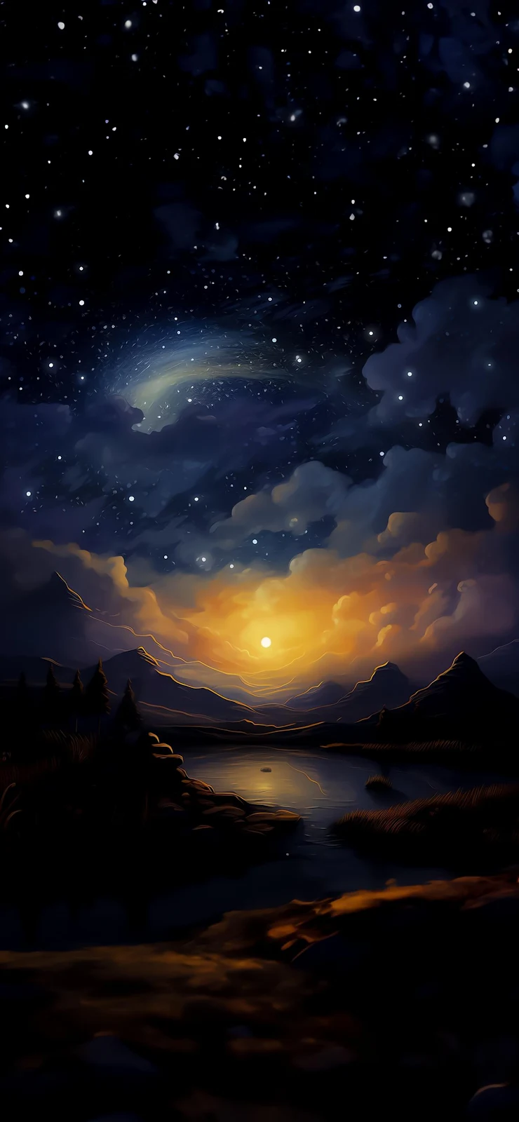 Starry Night Over Golden Sunset - Digital Fantasy Art Full HD iPhone Wallpaper (1284x2778)