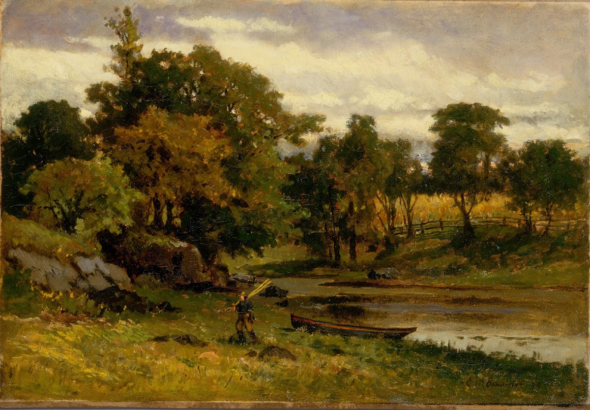 Untitled landscape boat moored near stream man walking in foreground 1879