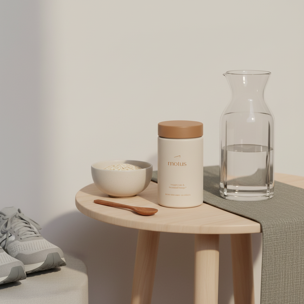 Morning lifestyle scene with Motus supplement jar on bedside table beside water carafe, small bowl of oats and running shoes at frame edge — focused on weight loss pills.