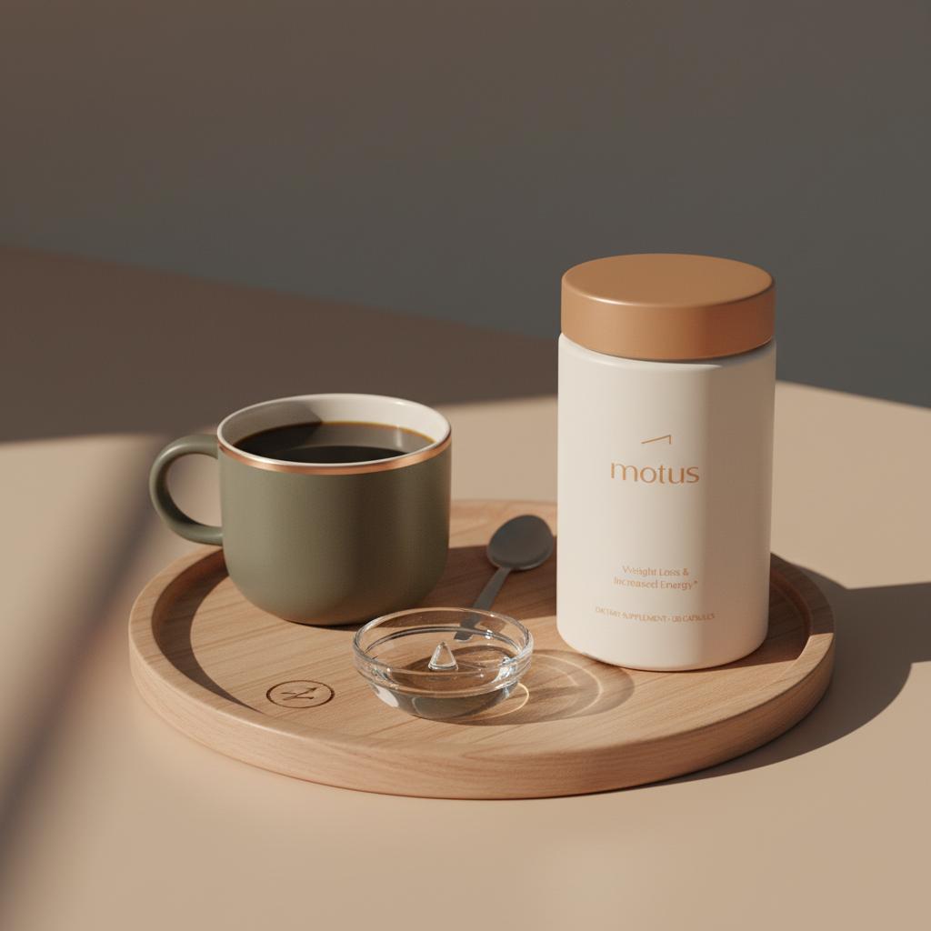 Minimalist scene of Tonum Motus jar with a cup of black coffee and a teaspoon of clear MCT oil on a wooden tray, promoting MCT oil for fat loss in a calm, clinical lifestyle style.