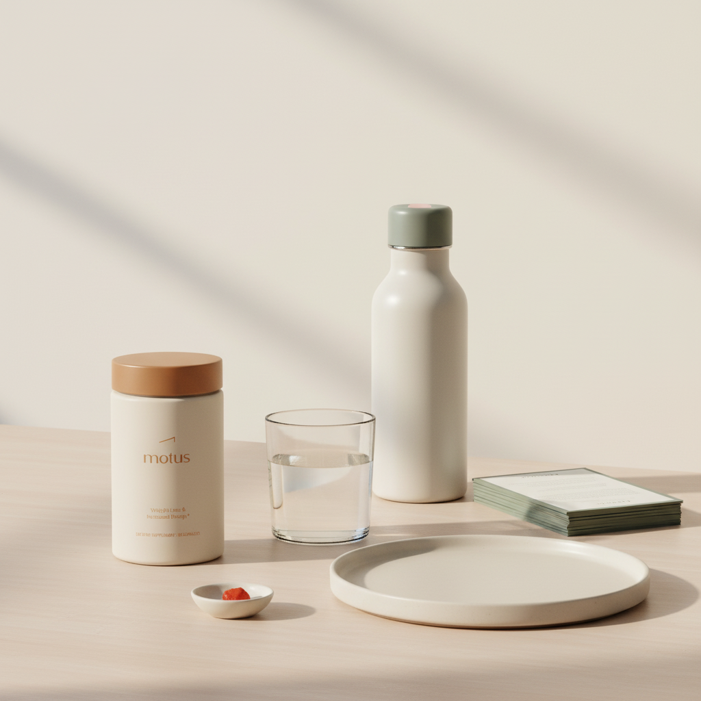 Tonum Motus jar beside a full 500ml glass of water on a minimalist kitchen table, suggesting how much water to drink to lose weight.