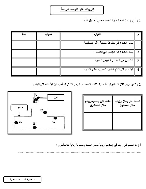 تدريبات على الوحدة الرابعة درس المرايا - علوم الصف 5 الفصل 2