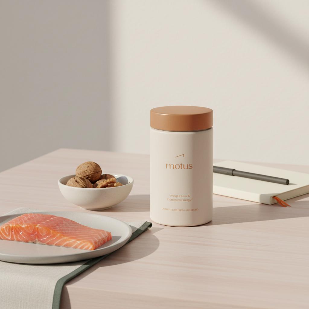 what vitamin is neuroprotective: Tonum supplement container on a pale wooden table with notebook, bowl of walnuts and salmon fillet suggesting DHA and whole-food neuroprotective sources