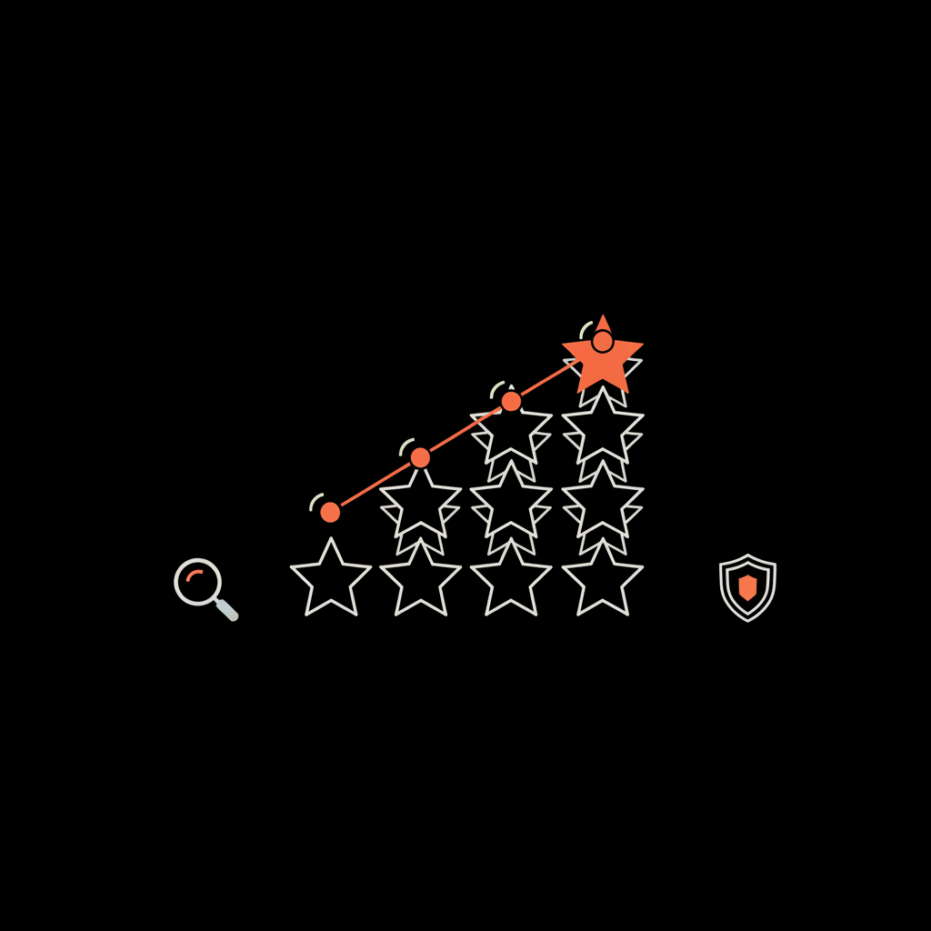Minimal flat vector infographic of an upward trend bar chart made of review stars on black background with #dc5c2b accents, illustrating remove Google review