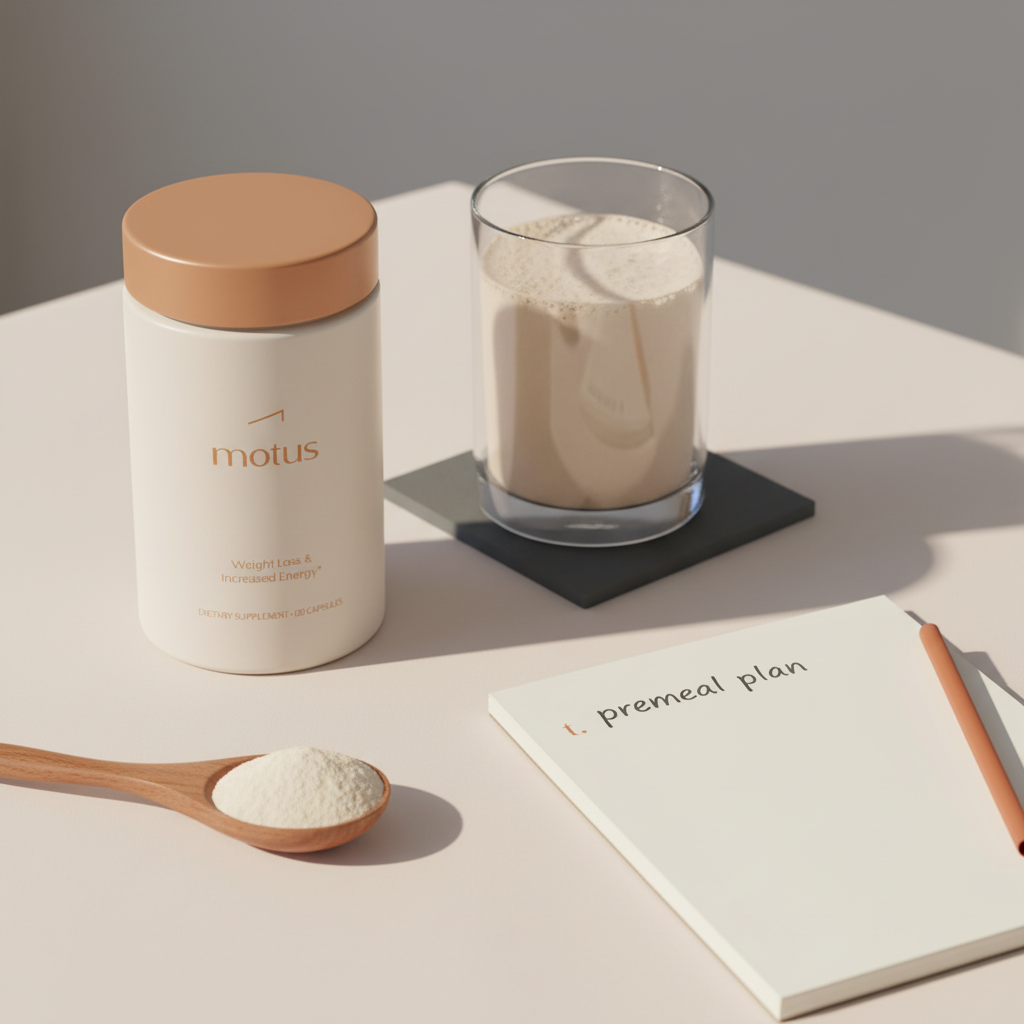 Motus jar beside a prepared whey protein shake, wooden spoon of whey powder and a notepad reading 'premeal plan' on a minimalist tabletop — whey protein for weight loss