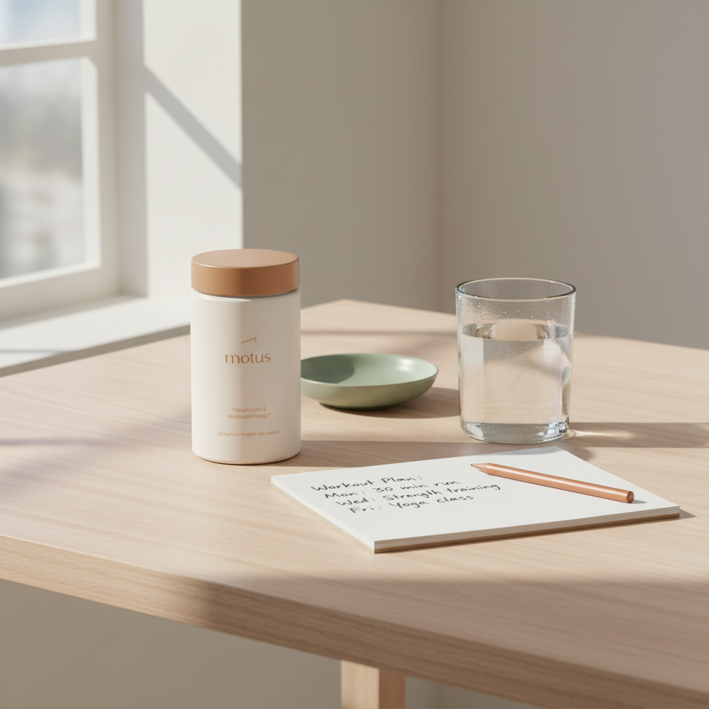 Tonum Motus supplement container on a wooden kitchen table beside a notepad with a short workout plan and a glass of water, minimalist routine scene for l-carnitine.