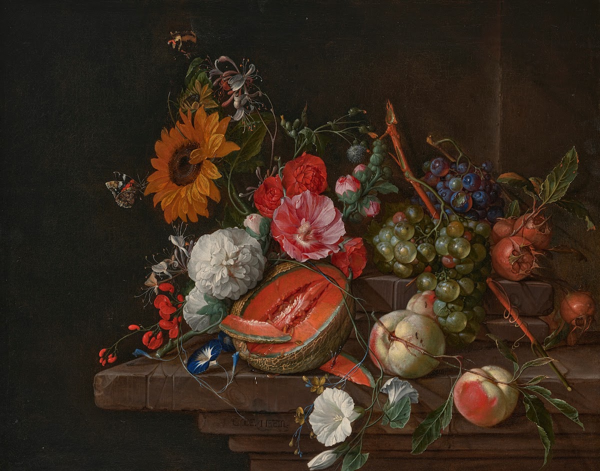 A melon peaches grapes medlars sunflowers roses peonies and other flowers with b