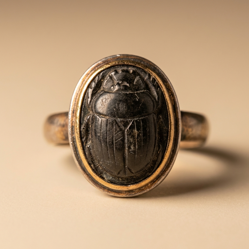 Macro full frame close up of an antique scarab ring intaglio showing carved details tool marks and surface wear under warm directional light on a minimalist ede7da background