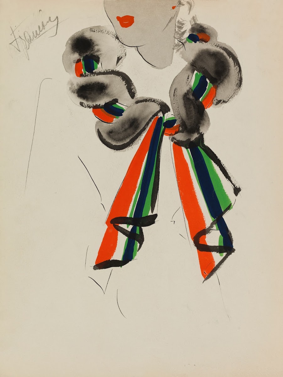 Echarpe de fourrure grise torsadée avec tissu rayé de 4 couleurs 1938