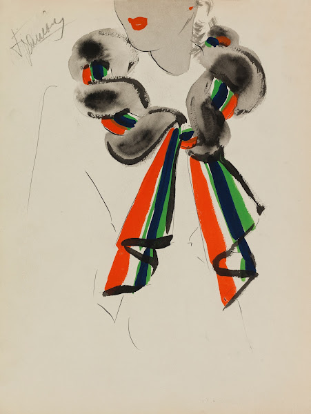 Echarpe de fourrure grise torsadée avec tissu rayé de 4 couleurs 1938