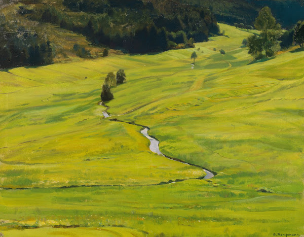 Sonniges Waldtal mit Bach ca 1909