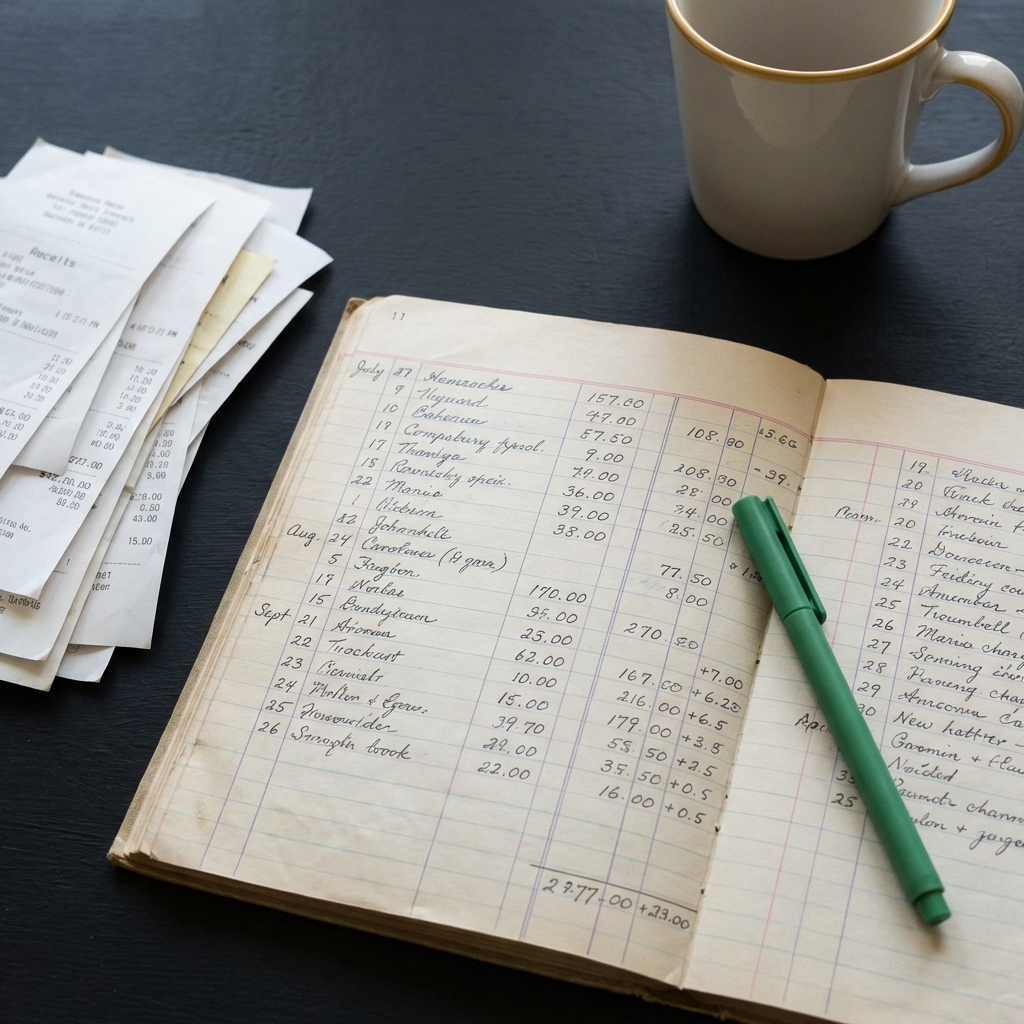 Close up of a rental ledger and receipts on a dark table with a green pen and amber mug conveying passive income organization and minimal financial workflow
