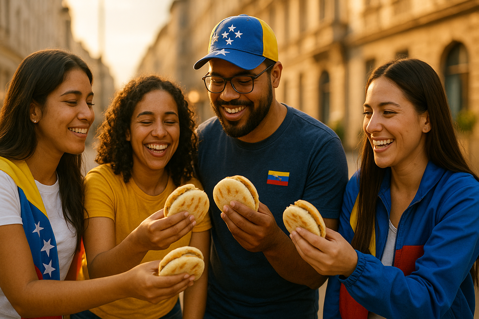 Venezolanos de distintas edades compartiendo arepas en una calle urbana al atardecer