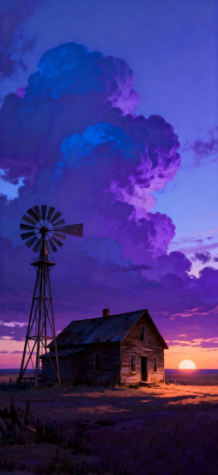 Old Farmhouse Under Purple Clouds - Digital Landscape Art 2K iPhone Wallpaper (1472x3200)