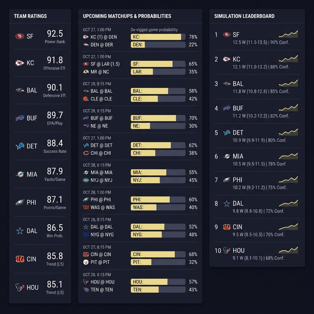 Minimalist Funded Plays midseason dashboard showing team ratings de vigged game probabilities and simulation leaderboard for nfl schedule and lines