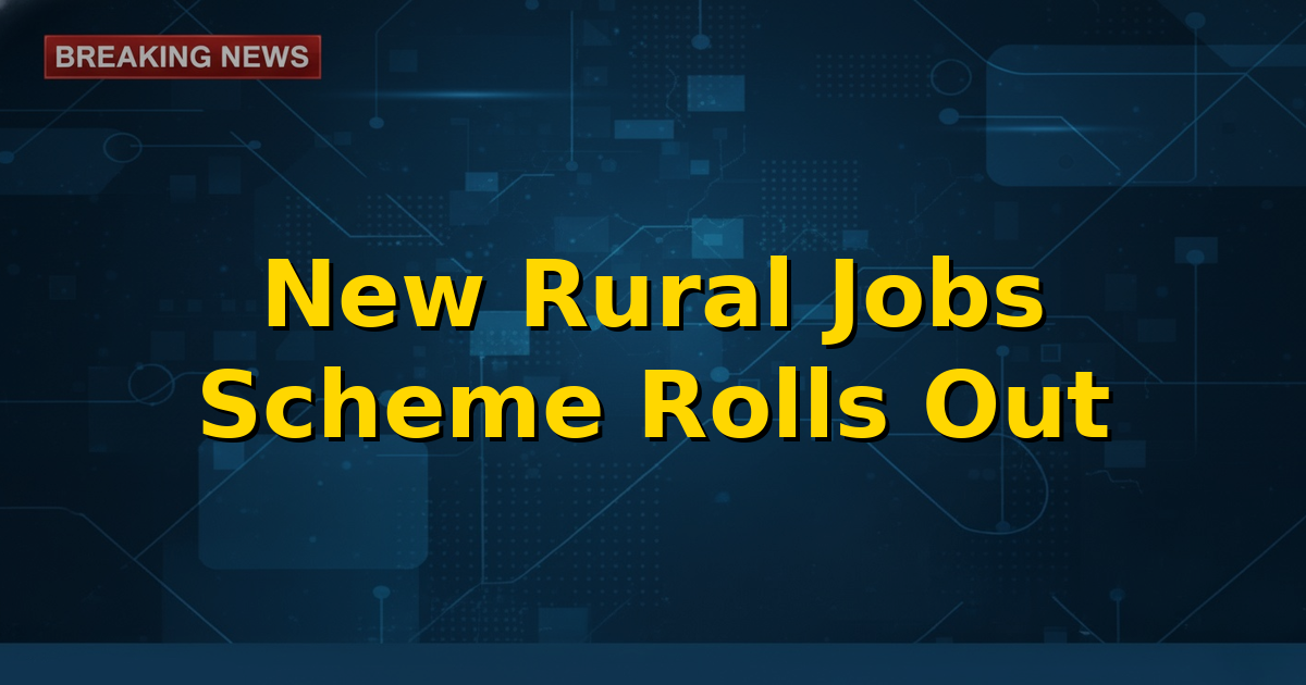 Image representing rural India with people working, new government scheme logo in the foreground