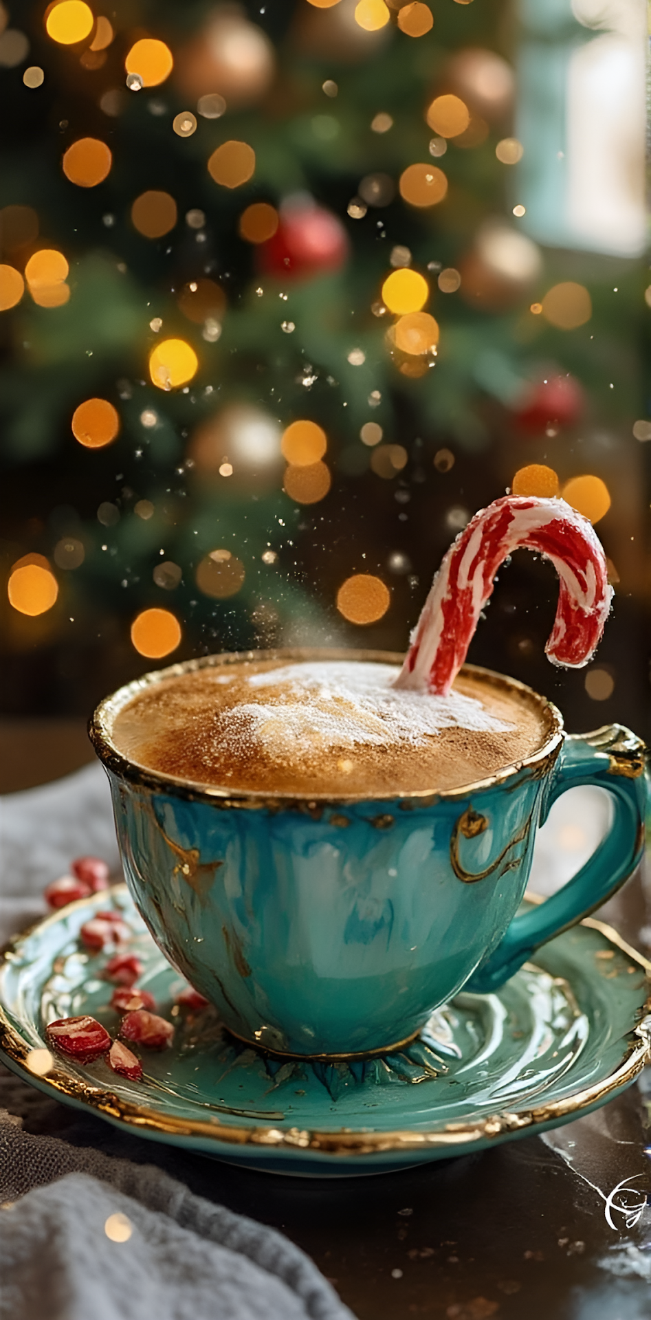Festive Hot Cocoa with Candy Cane in Turquoise Cup - Free 4K mobile Wallpaper