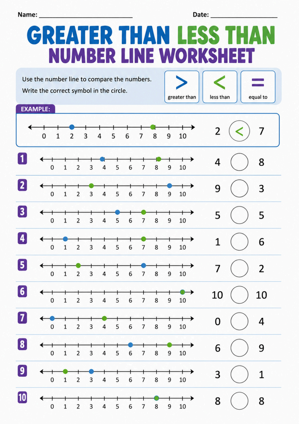 Greater Than Less Than Number Line Worksheet