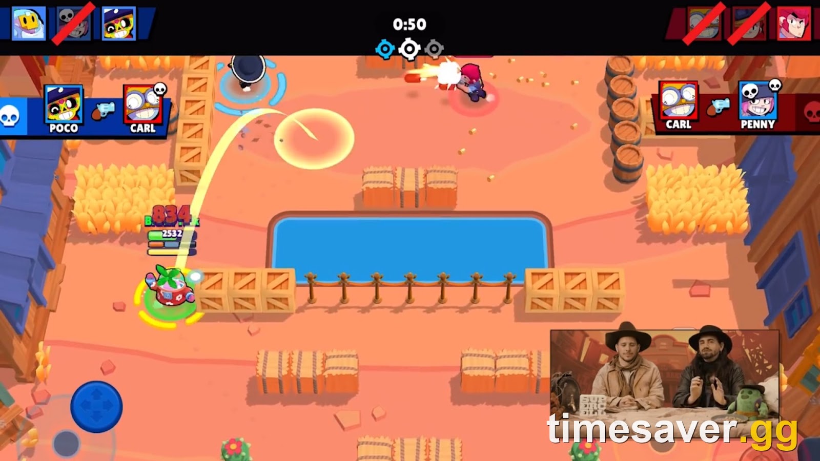 Brawl Stars Knockout 3v3 match on a bushy desert map with brawler portraits and a round timer