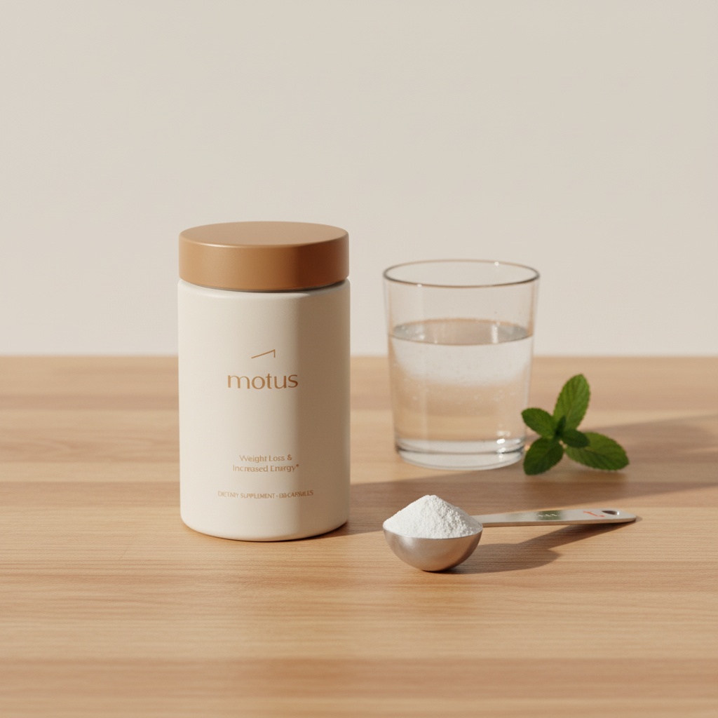 Minimalist kitchen scene with Tonum Motus supplement jar on wooden counter beside a measuring spoon and glass of water, evoking pre-workout supplements weight loss