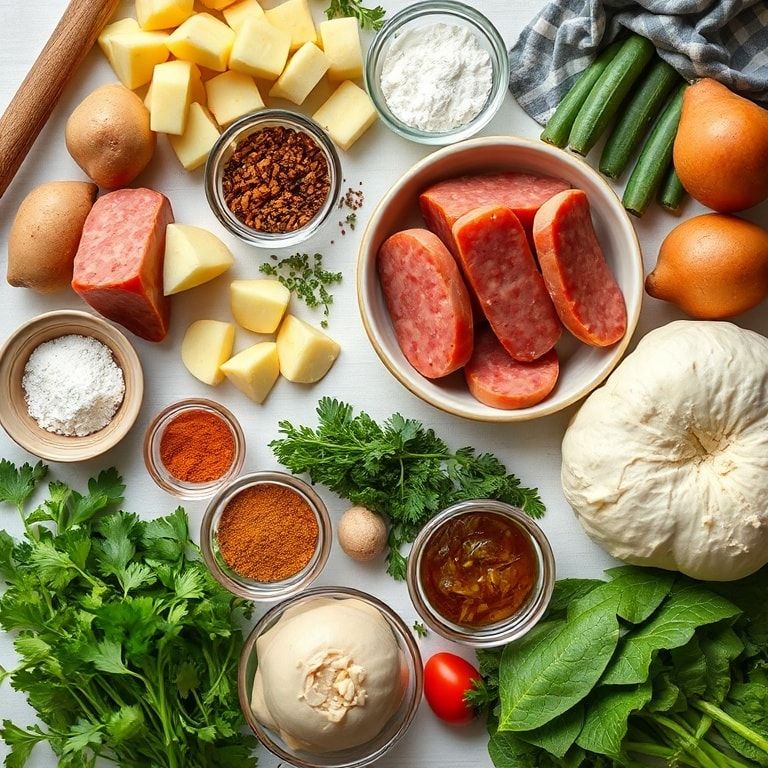 Ingredients for Hearty Kielbasa Potato Soup Recipe for Easy Dinner - Quick Comfort Food
