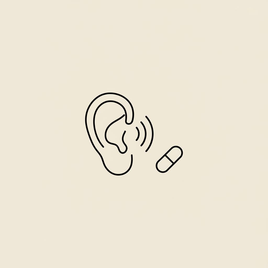Minimalist Tonum-style line illustration of an ear with a sound wave and a small capsule on a beige background, symbolizing lack of serotonin and oral cognitive support.