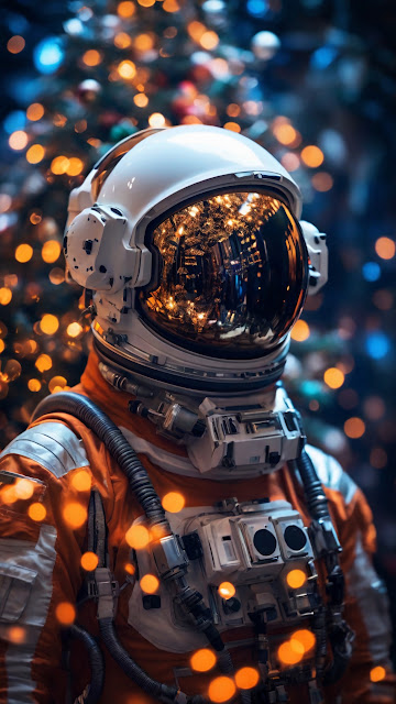 Astronaut in orange suit with festive bokeh lights behind - Free mobile Wallpaper