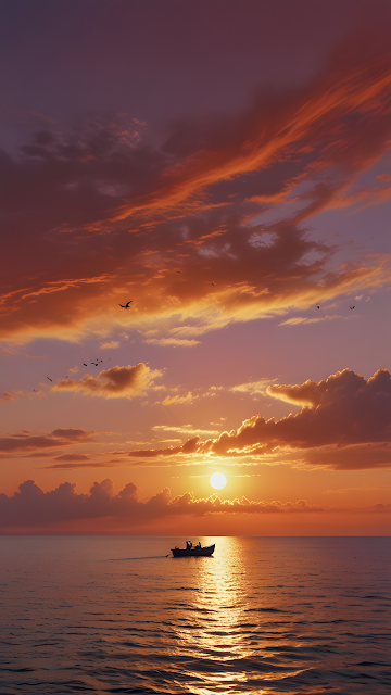 Fiery Sunset Over Ocean with Silhouetted Fishing Boat - Free mobile Wallpaper