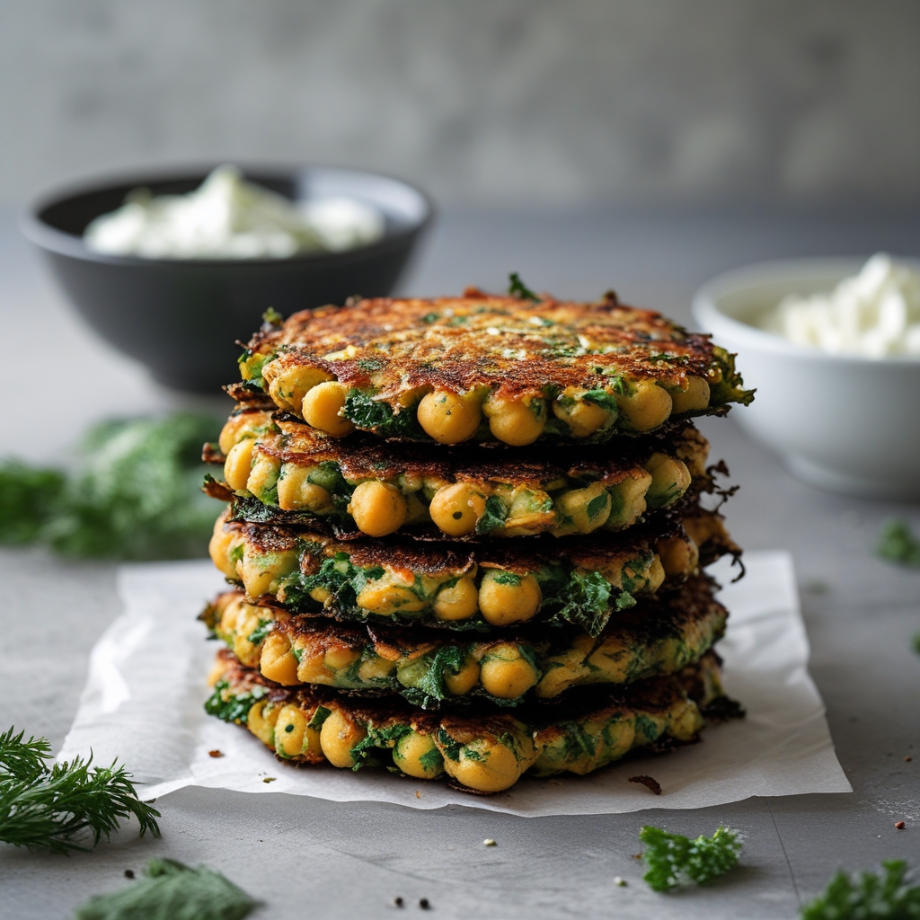 Crispy Harissa Chickpea & Kale Fritters with Whipped Feta-Dill Dip