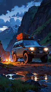 Offroad SUV Camping Twilight Mountain Valley Illustration
