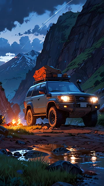 Offroad SUV Camping Twilight Mountain Valley Illustration - Free mobile Wallpaper