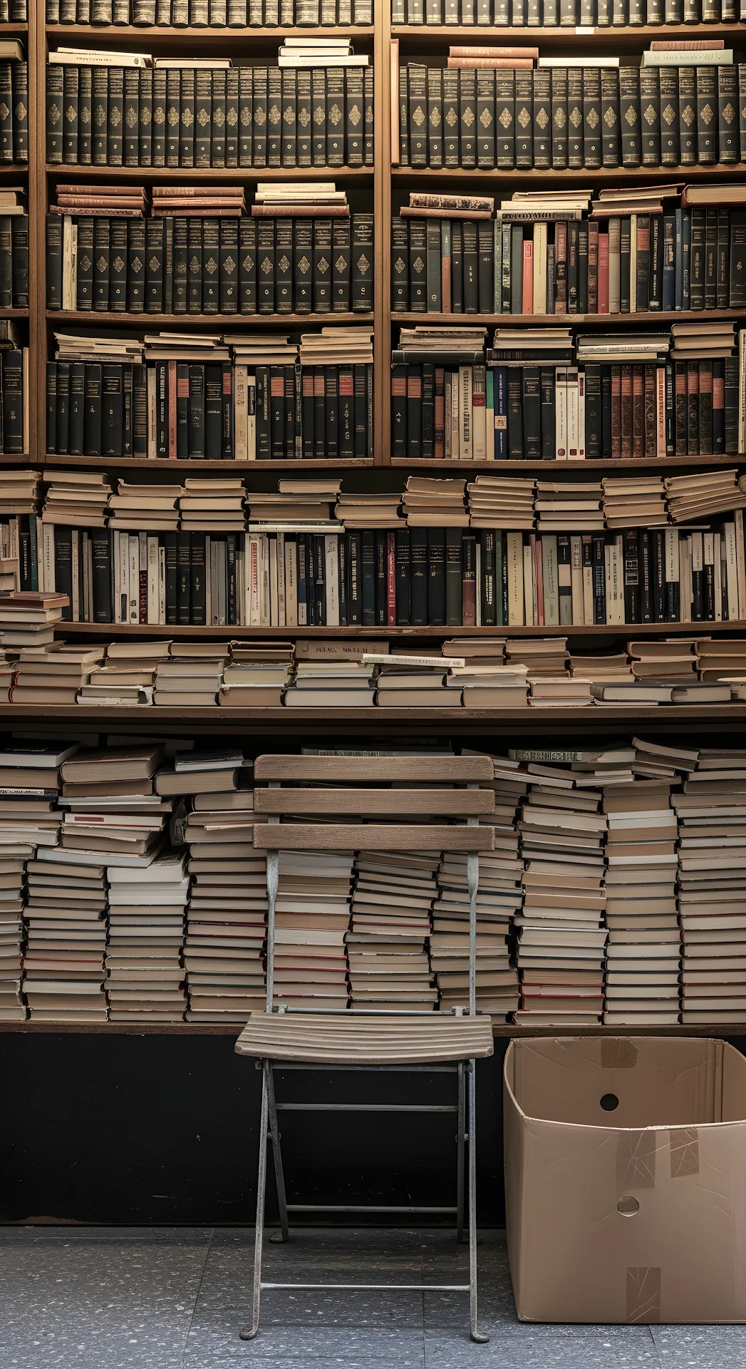Front View of an Antique Bookseller's Stall with Stacked Vintage Books - Free 4K mobile Wallpaper