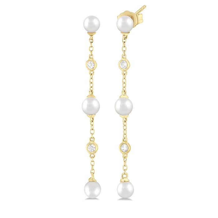 Pearl & Diamond Station Long Chain Earrings