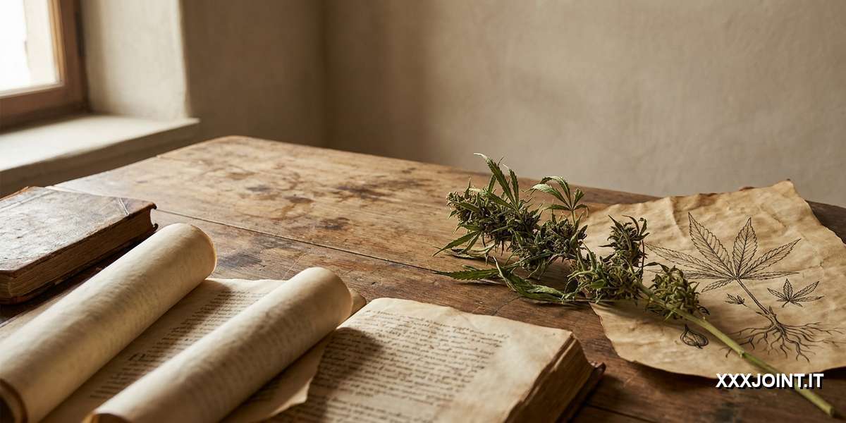 Antichi manoscritti accanto a una pianta di cannabis stilizzata