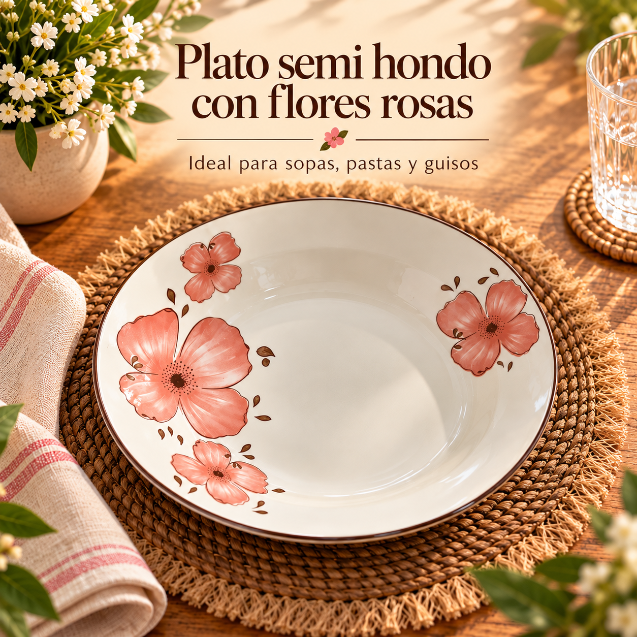 Plato hondo de cerámica con flores coral