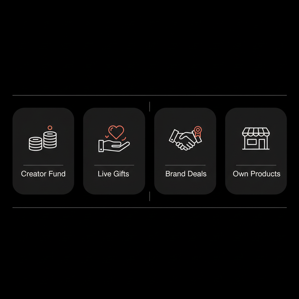 Minimal infographic showing four TikTok monetization lanes — Creator Fund, Live Gifts, Brand Deals, Own Products — illustrating how many TikTok followers to get paid