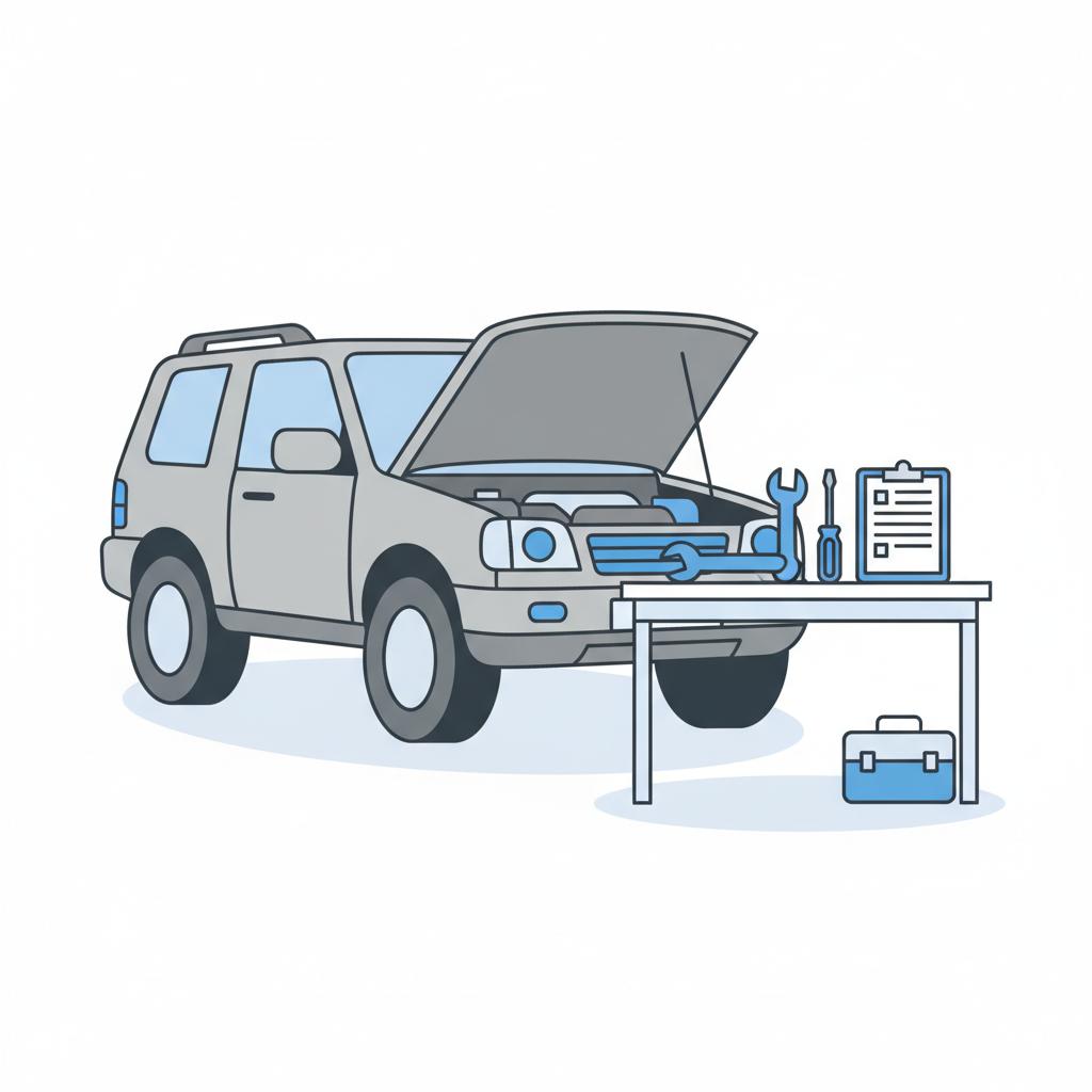 Is NADA Blue book free? Minimalist 2D vector of a used SUV with open hood in a clean garage clipboard with non legible lookup sheet and blue accents