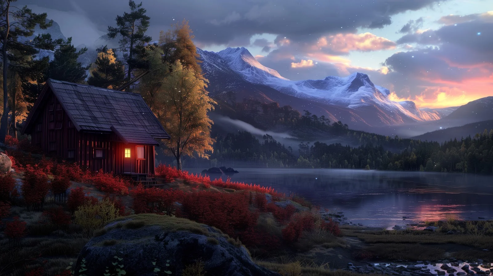 A Stunning Ai Art, Water, Illustration, Cabin, Lake 5K Desktop and Mobile Wallpaper Background (5824x3264)