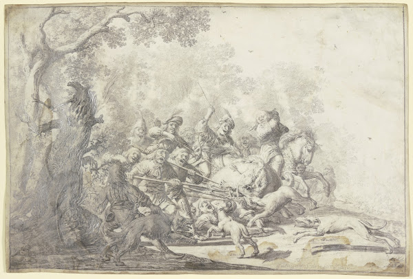 Viele Jäger zu Pferde und zu Fuß erlegen einen großen Eber 1641