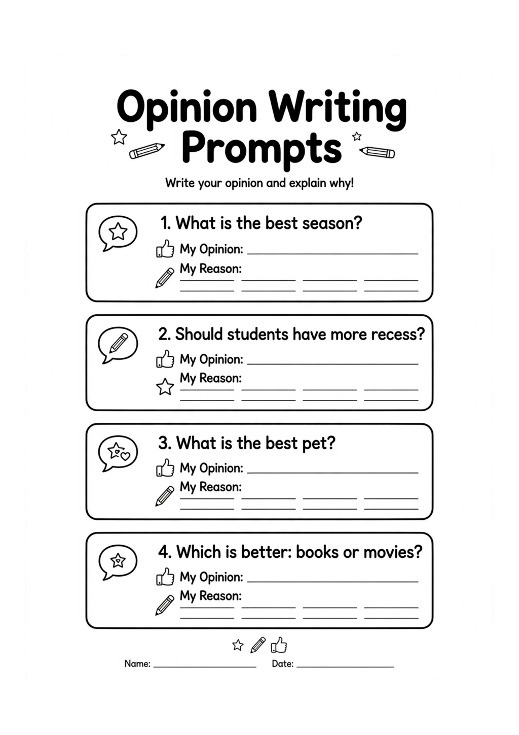 Opinion Writing Prompts Worksheet