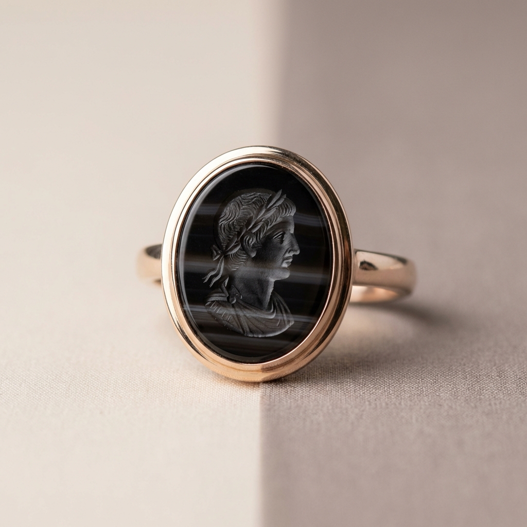 Macro full frame close up of a banded black onyx roman soldier ring intaglio showing engraved profile and polished bezel on neutral Aurora Antiqua background