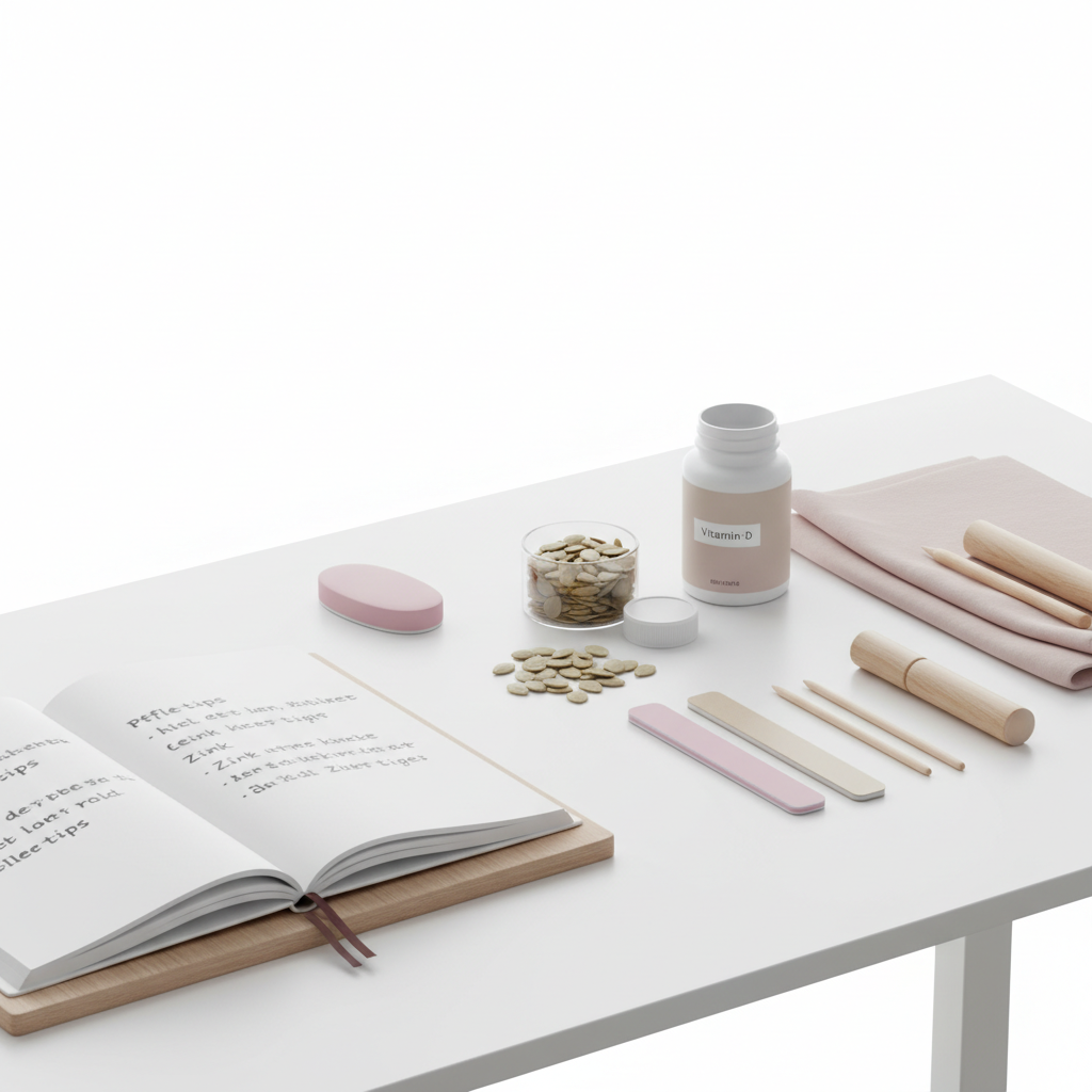 Minimalistisches Schreibtischbild mit Nagelpflegeutensilien, Kürbiskernen und Vitamin-D-Flasche als Symbol für Nährstoffmangel bei Pilzinfektion.