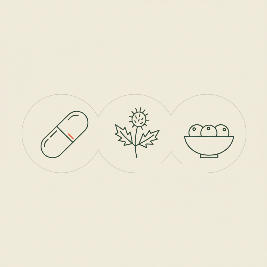 Minimal Tonum-style line illustration of a capsule, milk thistle sprig, and bowl of berries on a beige background representing fat burning supplements.