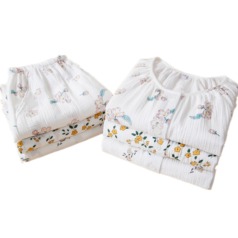 Women's cotton muslin pajama, long-sleeved, breathable