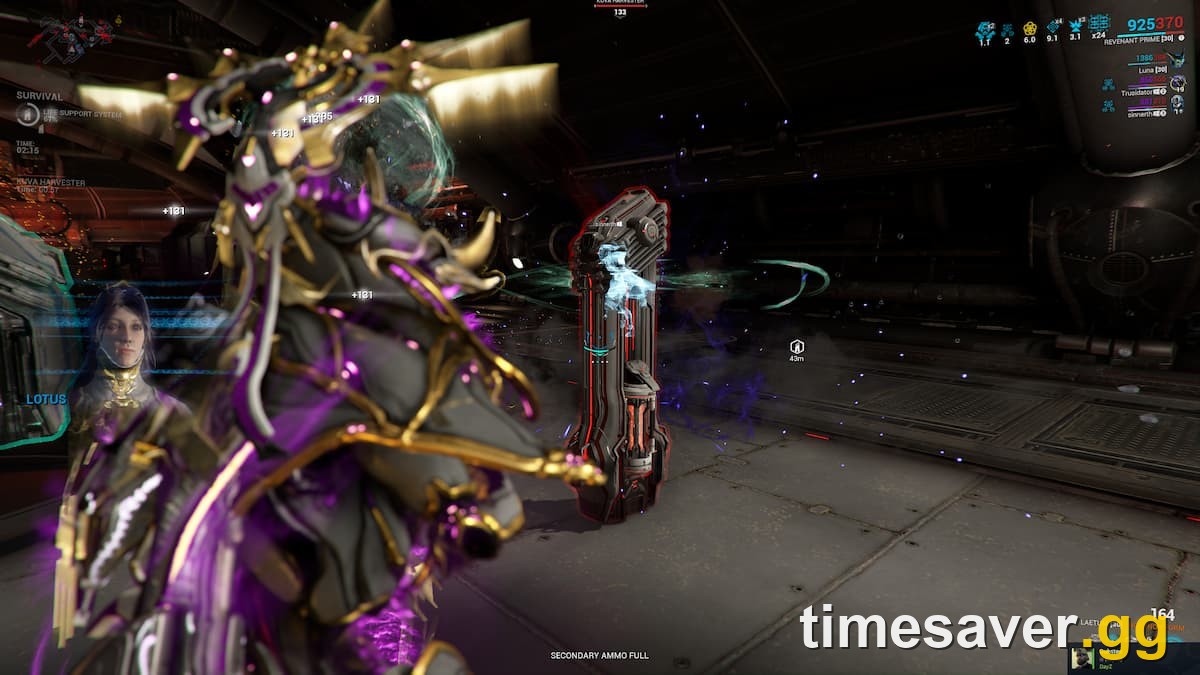 Warframe Survival mission gameplay with life-support and squad HUD, illustrating a Saturn Dark Sector survival farm