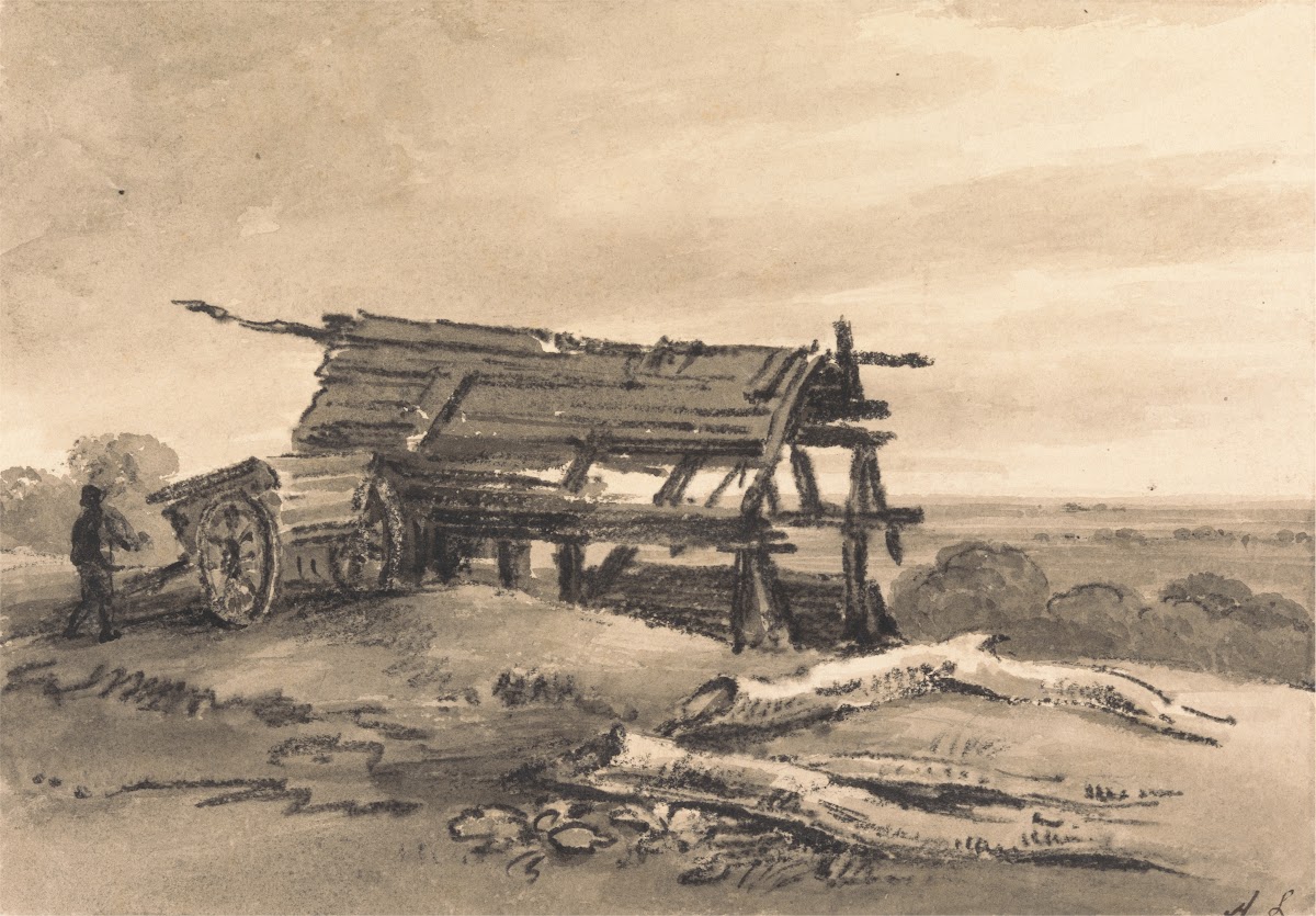 View at Harrow with farm worker cart and ruined barn