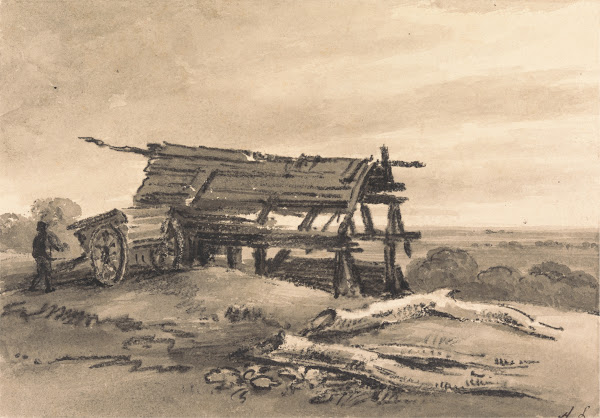 View at Harrow with farm worker cart and ruined barn