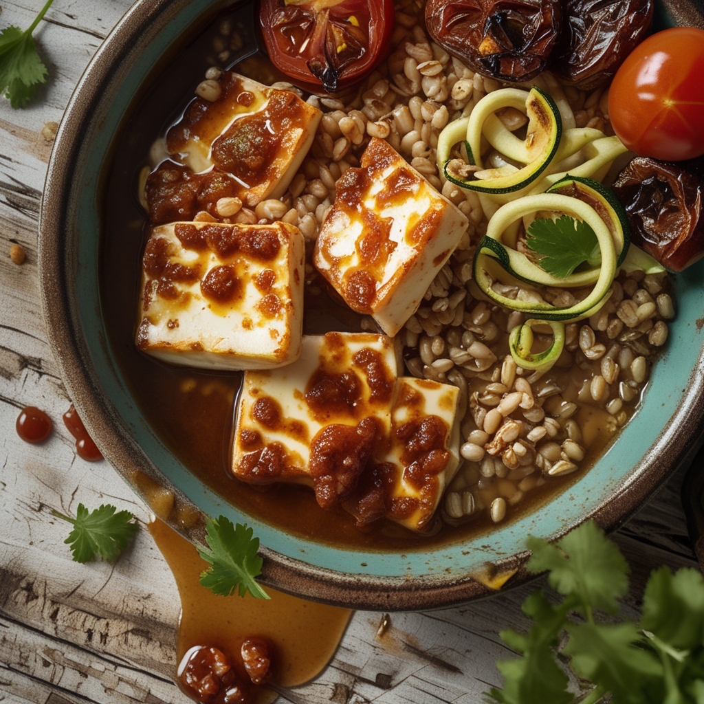 Spicy Harissa Halloumi & Barley Power Bowl with Lemon-Date Glaze