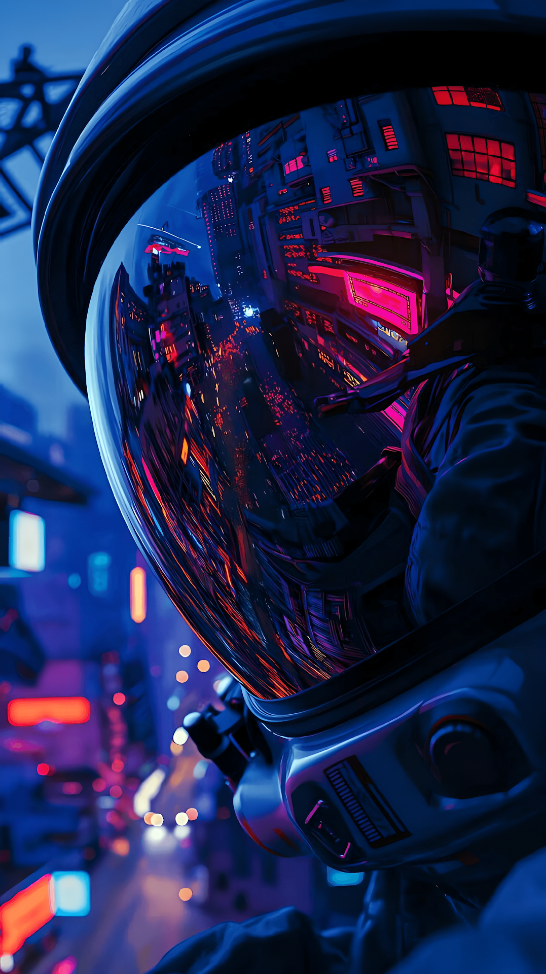 Neon Cyberpunk City Reflection in Astronaut Visor Close Up Art - Free 4K mobile Wallpaper