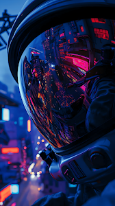 Neon Cyberpunk City Reflection in Astronaut Visor Close Up Art